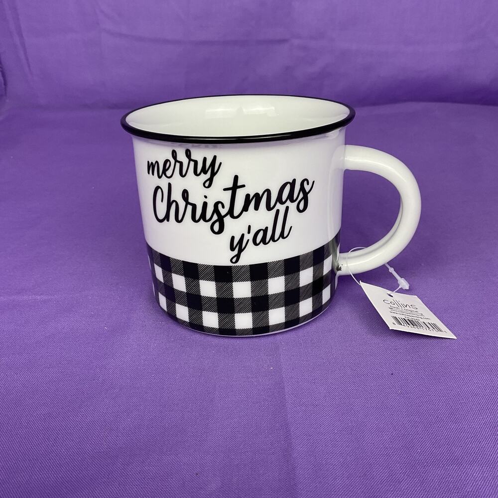 Holiday Farmhouse Ceramic Mug - "Merry Christmas Y'all" Plaid Coffee Cup